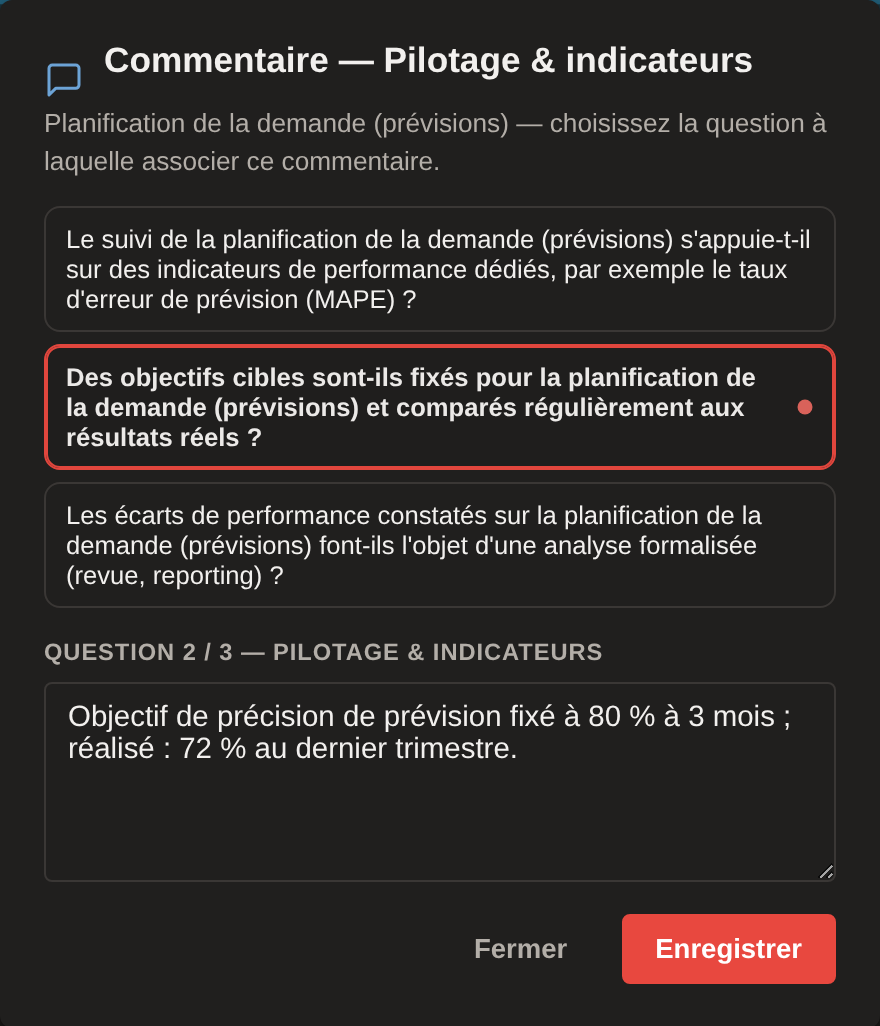 Fenêtre ChainPulse de saisie d'un commentaire rattaché à une question (données fictives)