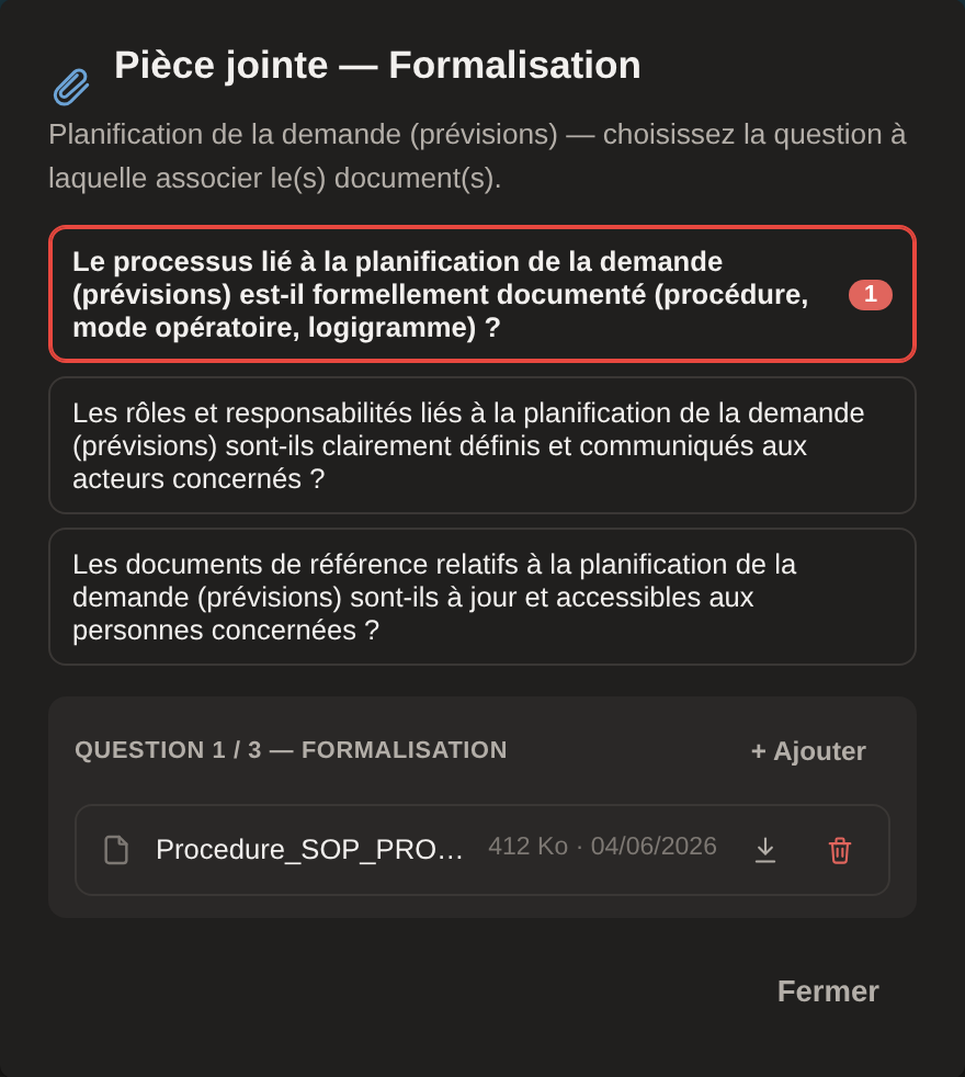 Fenêtre ChainPulse des pièces jointes rattachées à une question (données fictives)